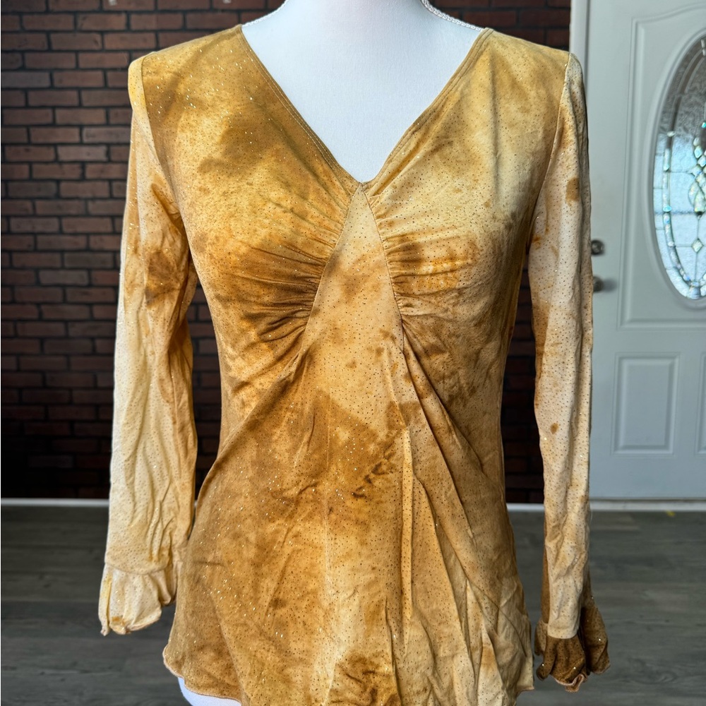 VTG Boho Ruched Earthy Blouse With Sparkles And Bell Sleeves Medium High Fashion